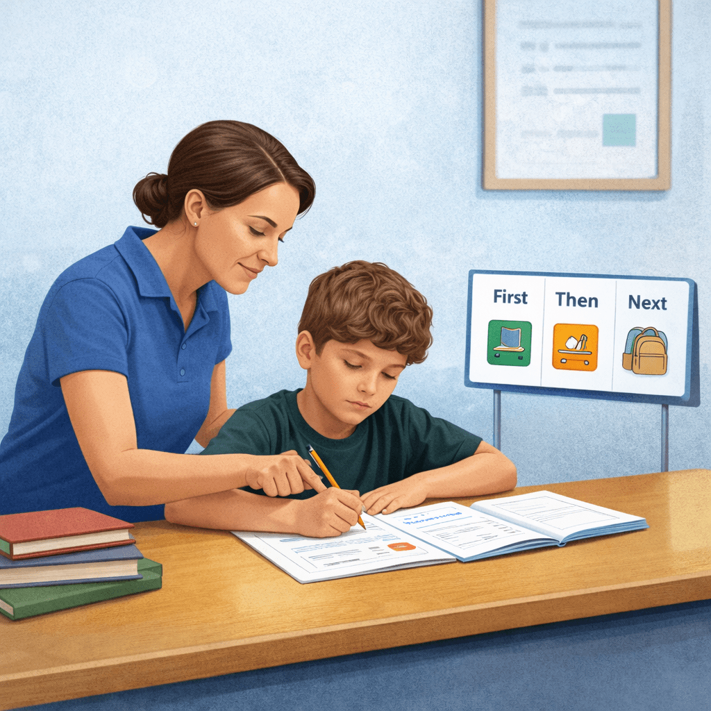 Teaching assistant supporting a child one-to-one in classroom setting with worksheets and visual aids.