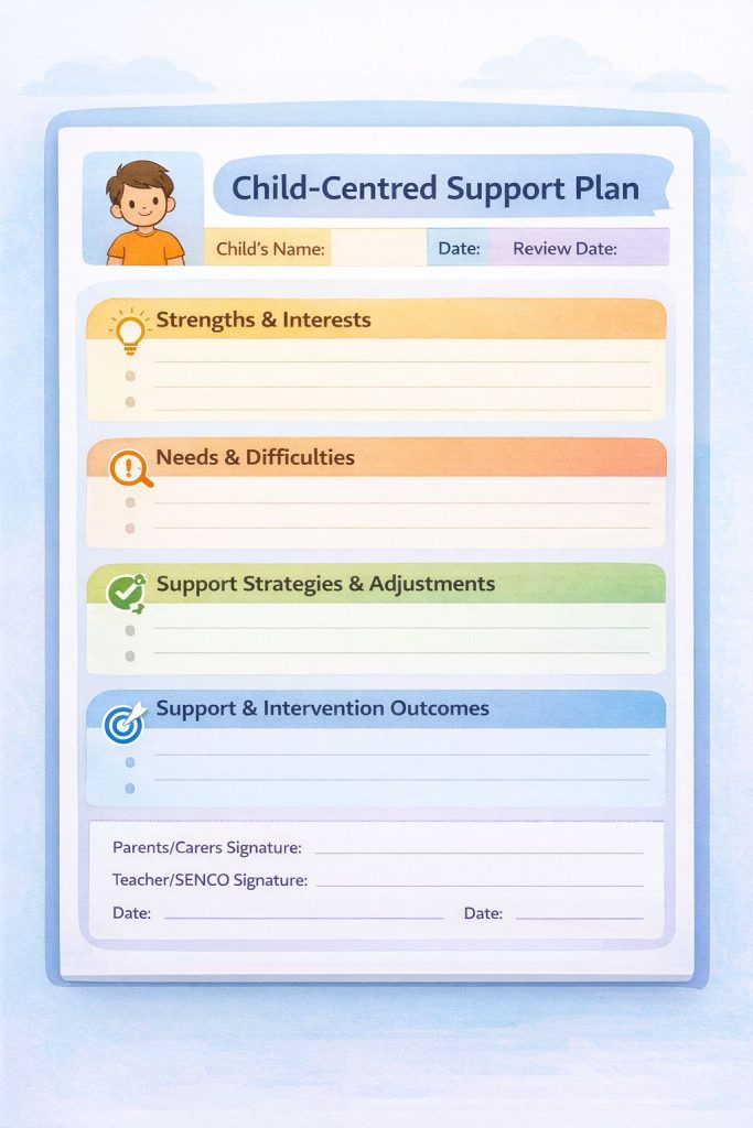 A structured template with sections for strengths, needs, strategies, outcomes, and signature areas for parents and SENCOs.