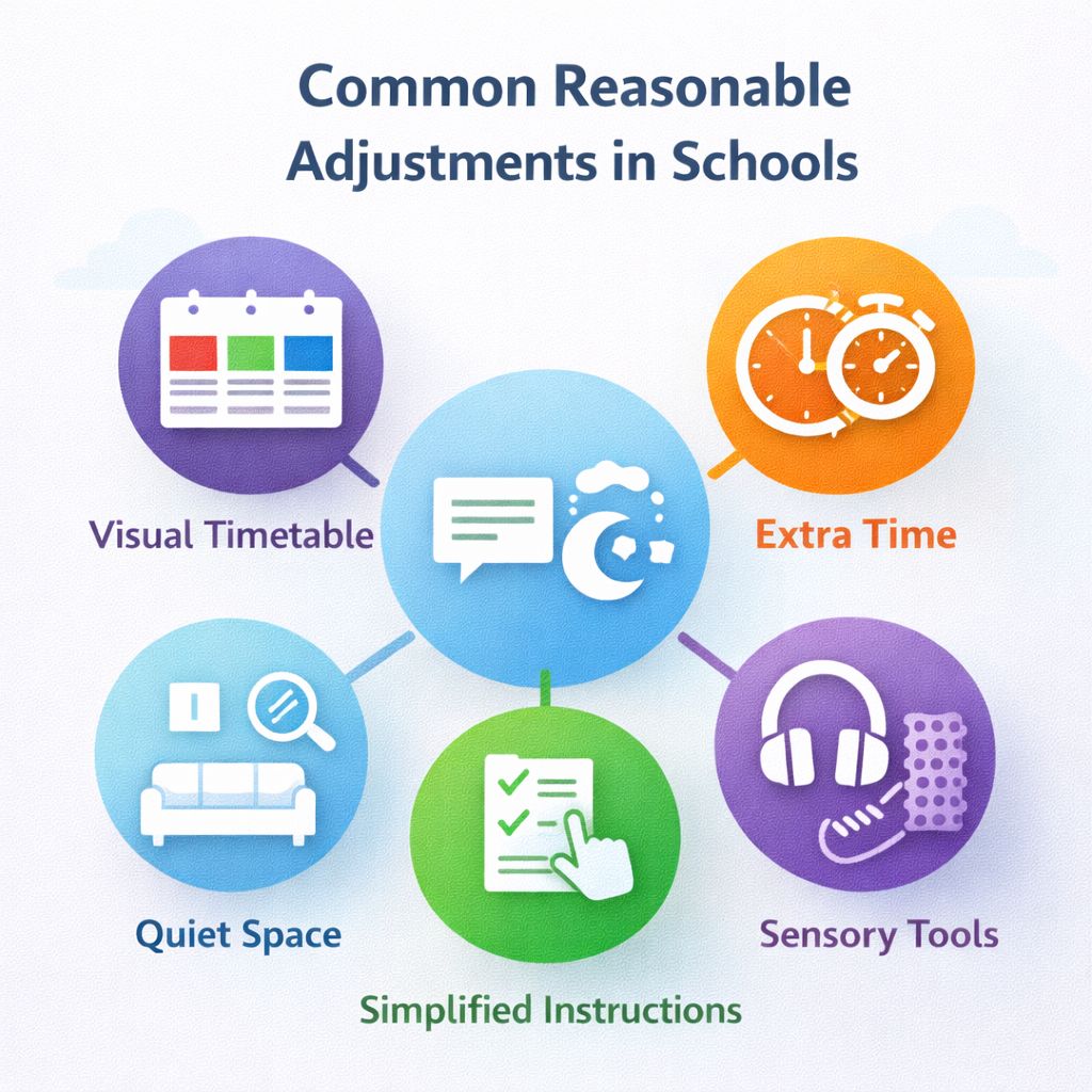A set of icons representing reasonable adjustments including visual timetables, extra time, quiet spaces, simplified instructions, and sensory tools.