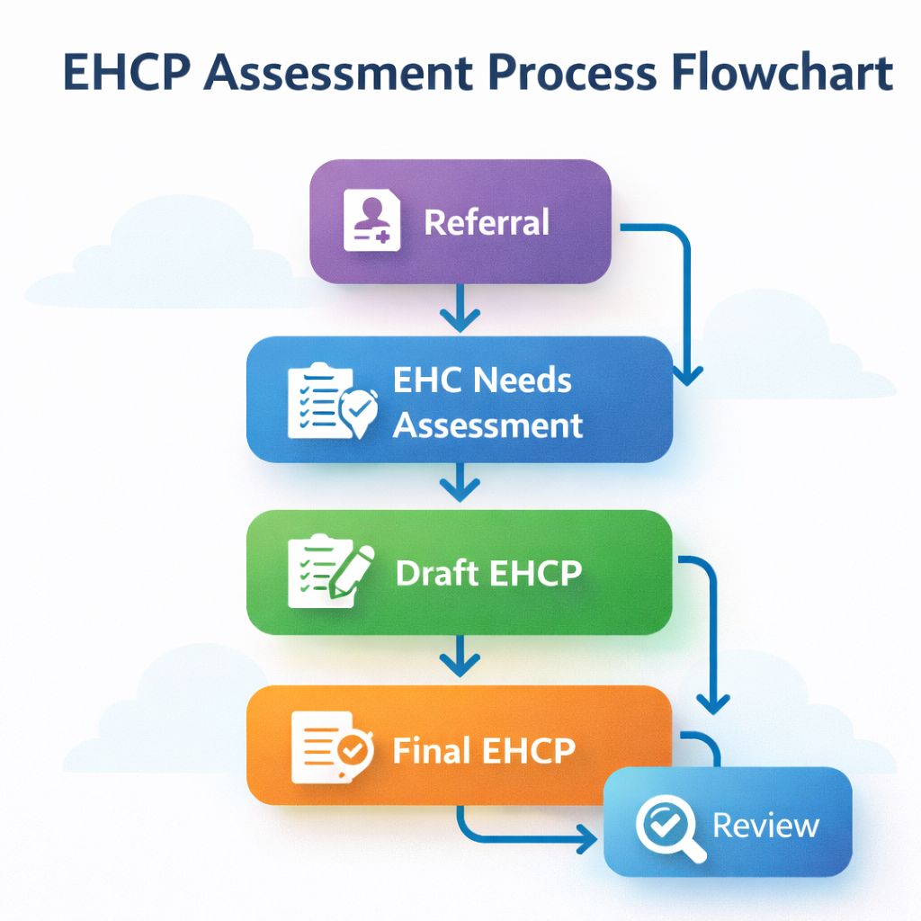 A colourful flowchart showing the stages of the EHCP process.