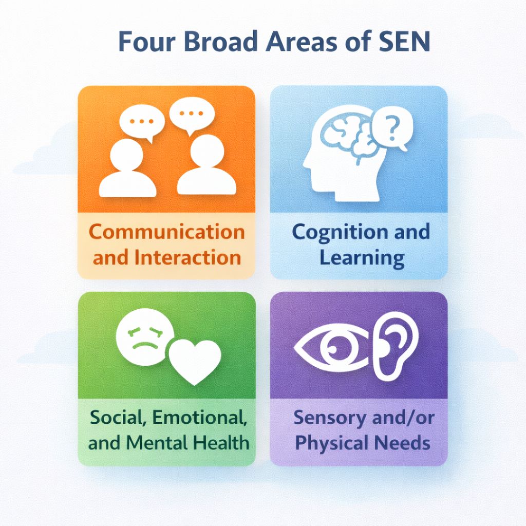 A four-quadrant graphic showing the areas of SEN: Communication and Interaction; Cognition and Learning; Social, Emotional and Mental Health; Sensory and/or Physical Needs.
