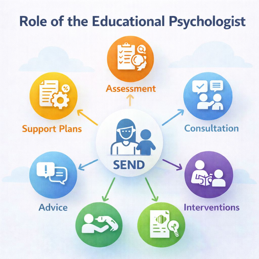 A central SEND figure surrounded by assessment, consultation, interventions, advice, training, and support plans icons.