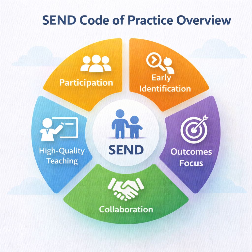 A circular graphic showing the five principles of the SEND Code of Practice: participation, early identification, high-quality teaching, collaboration, and outcomes focus.