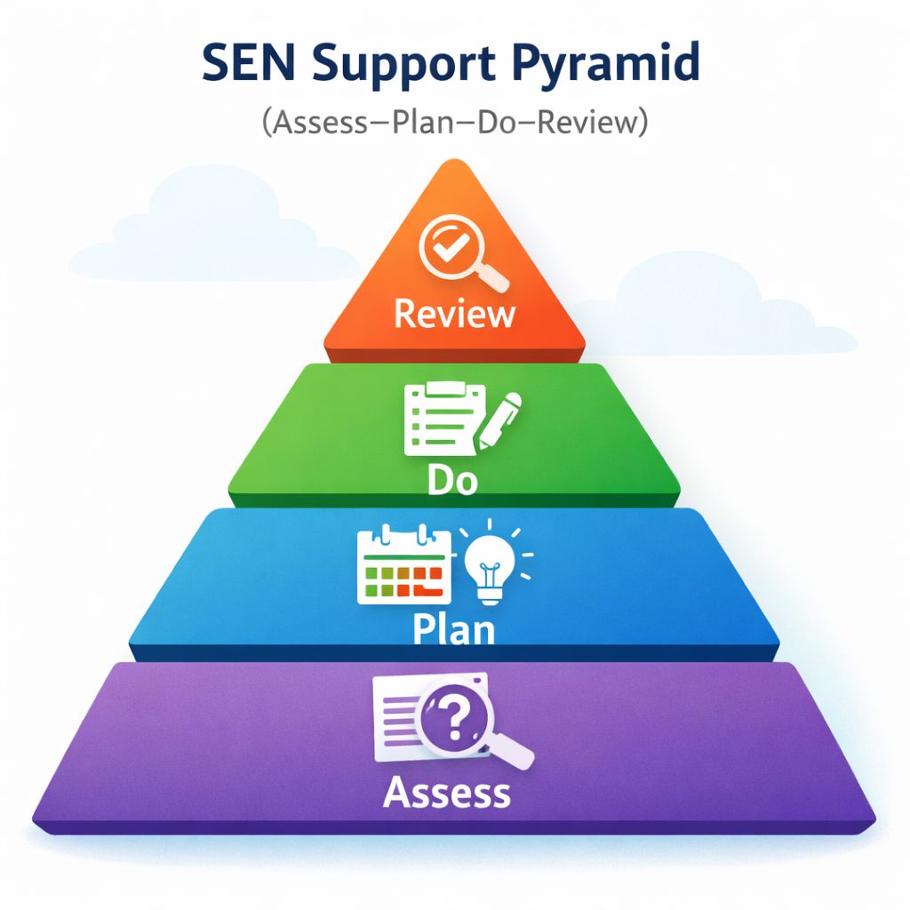 A four-tier pyramid diagram showing the Assess–Plan–Do–Review cycle used by UK schools to structure SEN support.