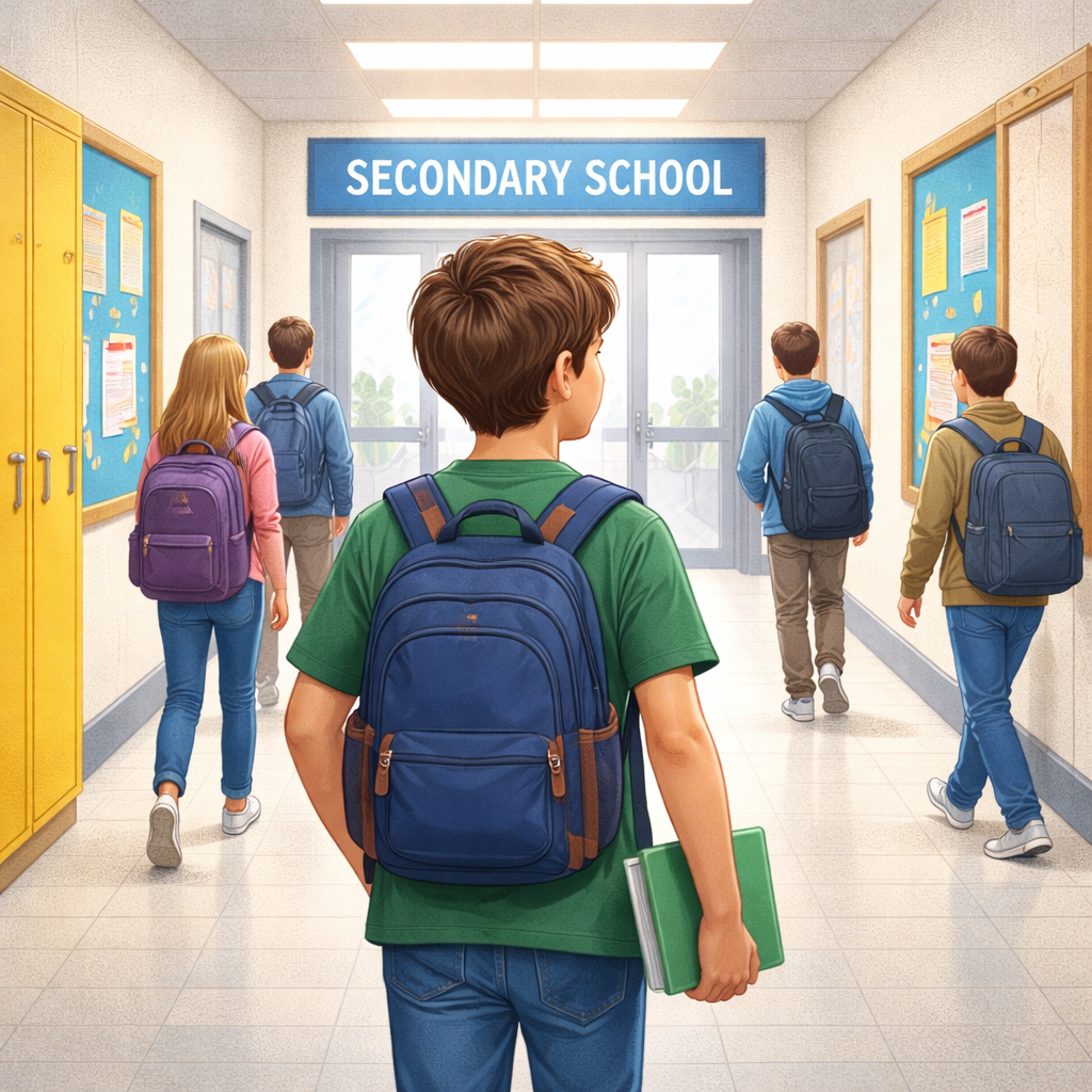 Student with ADHD walking through school corridor preparing for transition to secondary school.