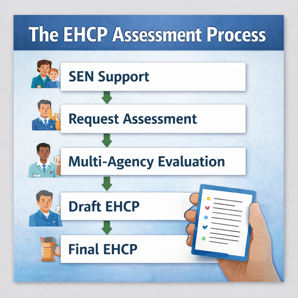 Flowchart of the EHCP assessment process showing stages from request to final plan.