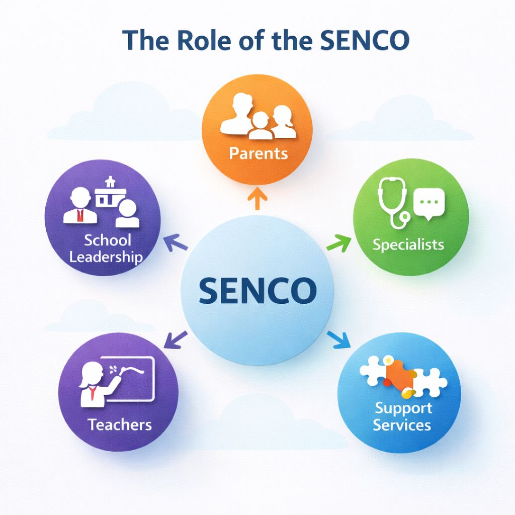 Diagram showing SENCO connecting parents, teachers, specialists, school leadership, and support services