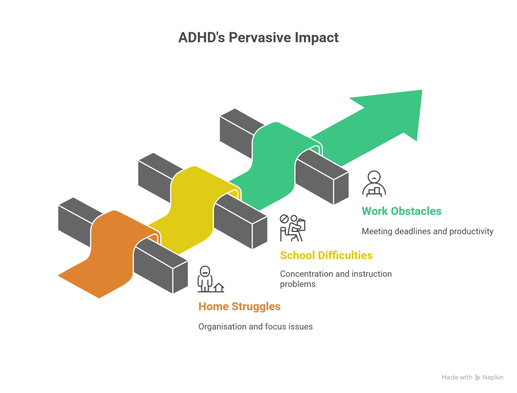 Illustration depicting ADHD’s impact on organisation, emotional regulation and everyday functioning across home, school and work.”