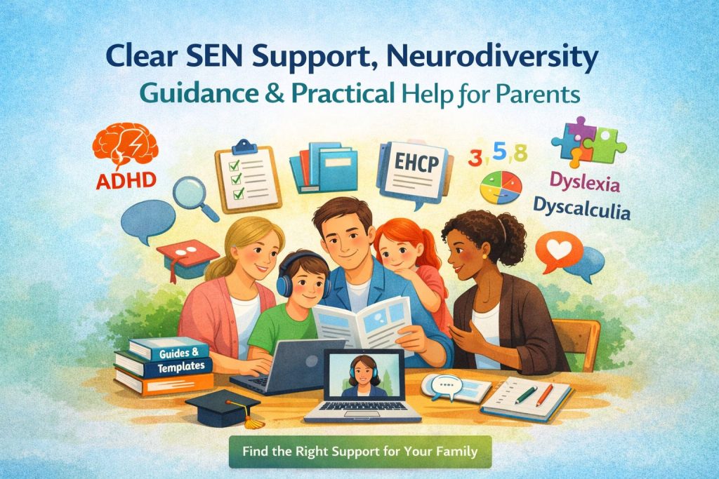 “Illustration of parents and children accessing SEN support together, with icons representing ADHD, autism, dyslexia, dyscalculia, EHCP guidance, learning resources, templates and parent support.