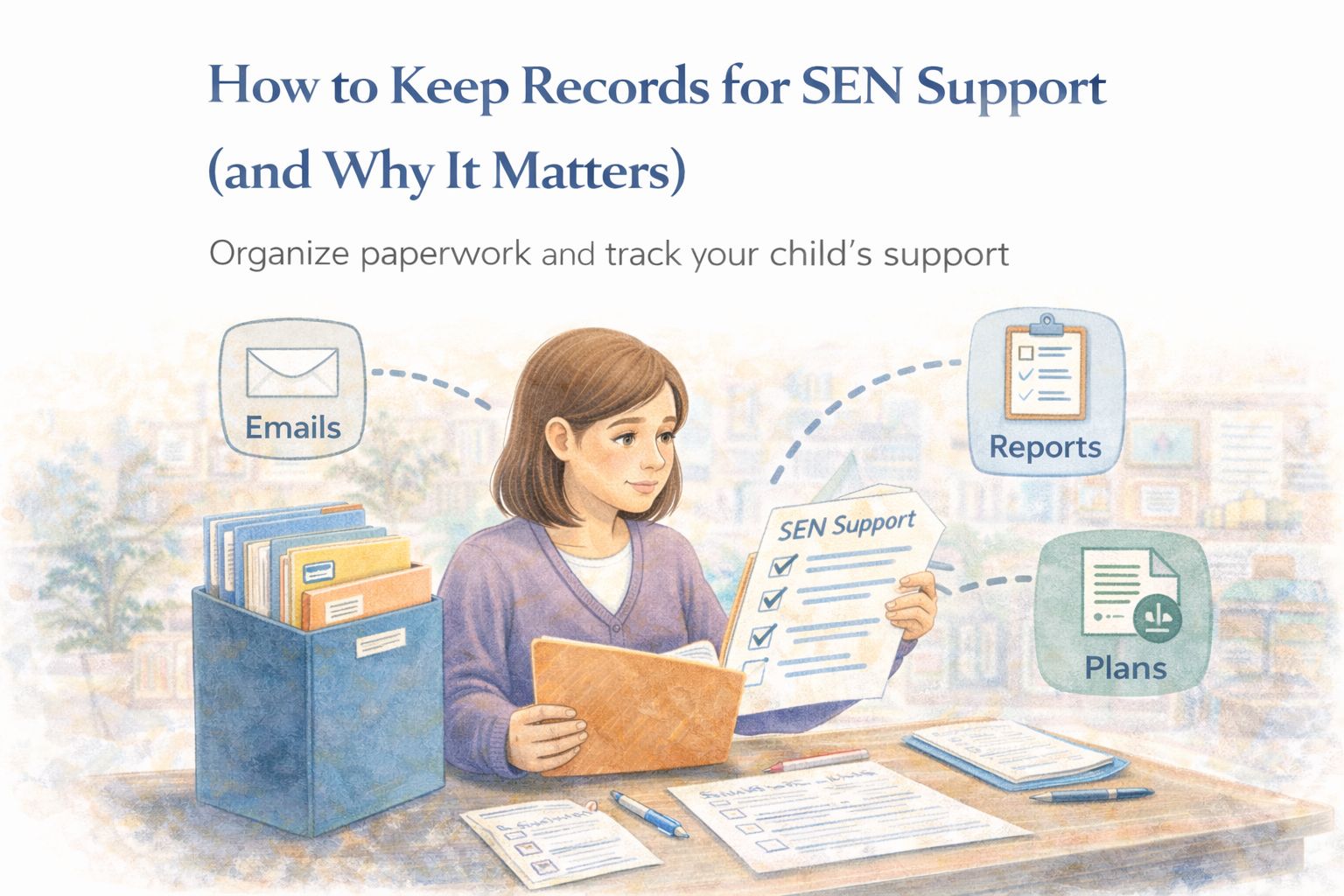 Mother sitting at a table organising SEN Support paperwork, sorting folders, emails, reports and plans, while reviewing a document labeled SEN Support