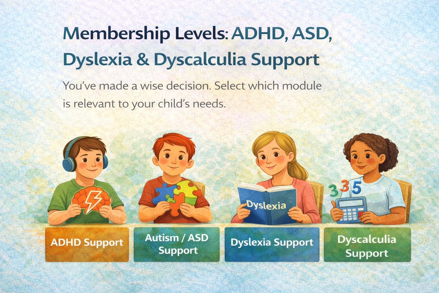 Illustration showing four children representing ADHD, autism, dyslexia and dyscalculia support modules, each with learning tools, inviting parents to select the most relevant support module for their child.
