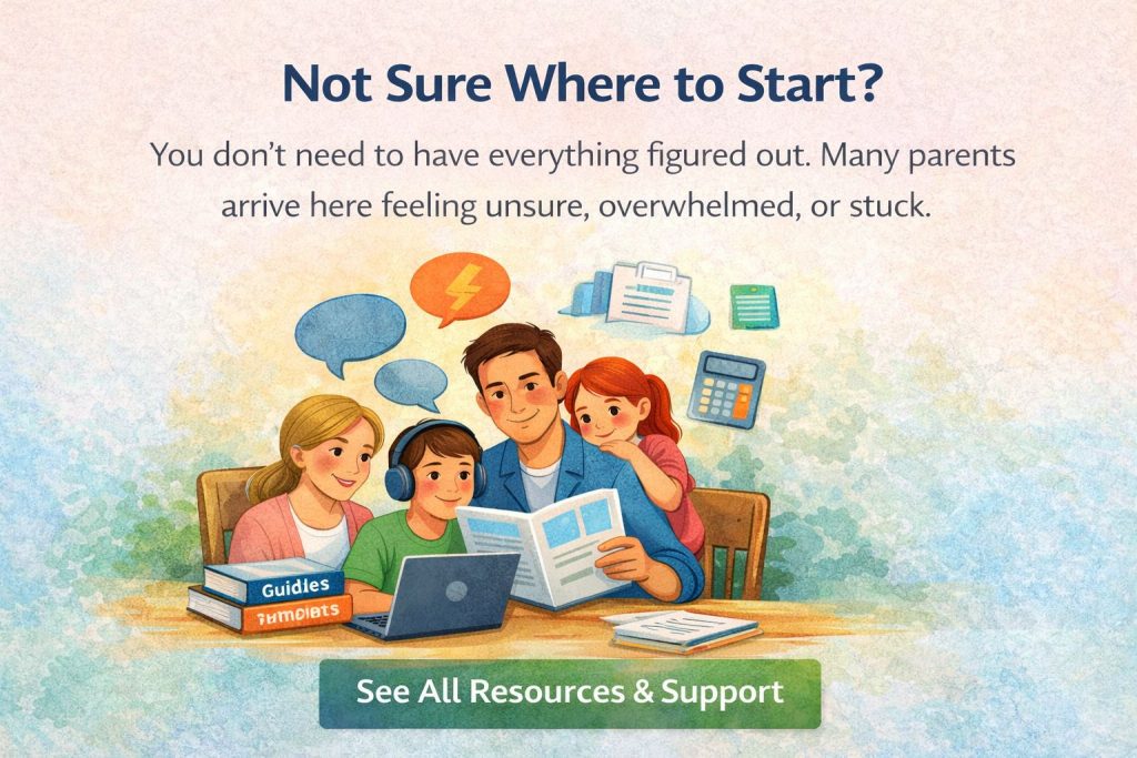 Illustration of a family sitting together reviewing guidance on a laptop and printed resources, representing parents who are unsure where to start with SEN support.”
