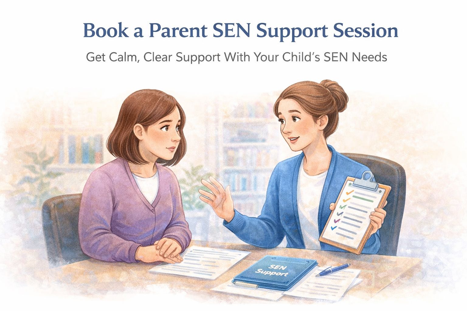 “Illustration of a parent meeting with a supportive SEN advisor at a desk, reviewing documents and a checklist labeled SEN Support, with the heading ‘Book a Parent SEN Support Session’ above.