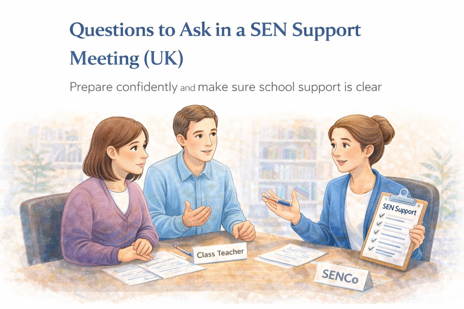 Parent sitting with a class teacher and SENCo during a SEN Support meeting, discussing plans and reviewing documents, with the SENCo holding a clipboard labeled SEN Support