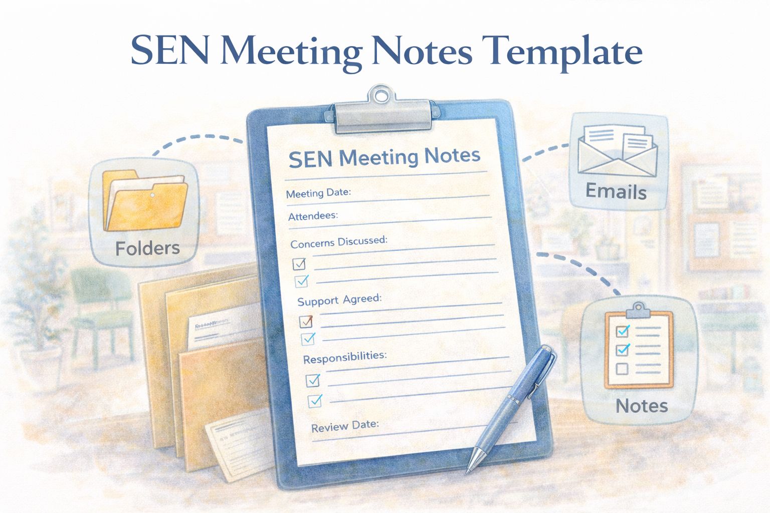 Illustration of a clipboard showing a SEN Meeting Notes form with sections for meeting date, concerns, support and review date, surrounded by icons for folders, emails and notes, promoting a SEN Meeting Notes