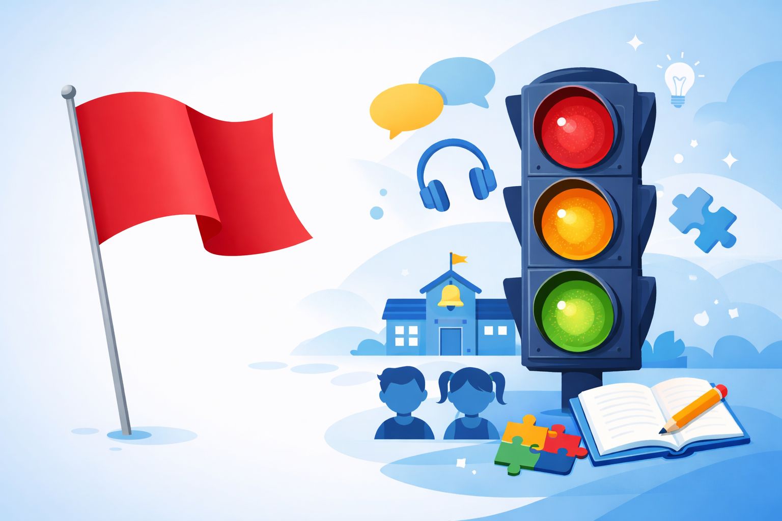 Illustration showing a large red flag beside a traffic light, with SEND and school-related symbols representing early warning signs parents may encounter when seeking SEND support.