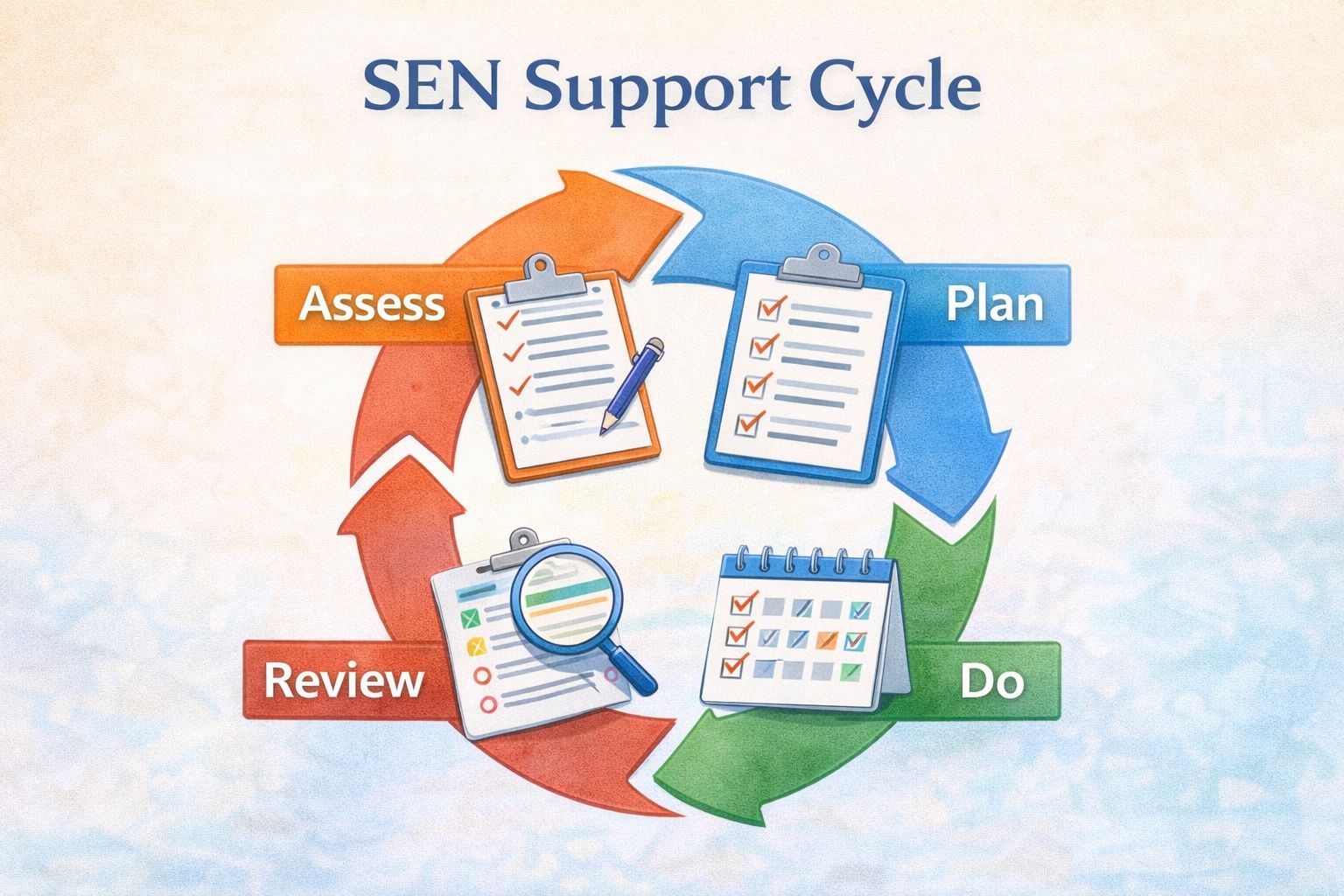 Infographic showing the SEN Support Cycle with four arrows forming a circle labeled Assess, Plan, Do and Review, each illustrated with clipboards and checklists