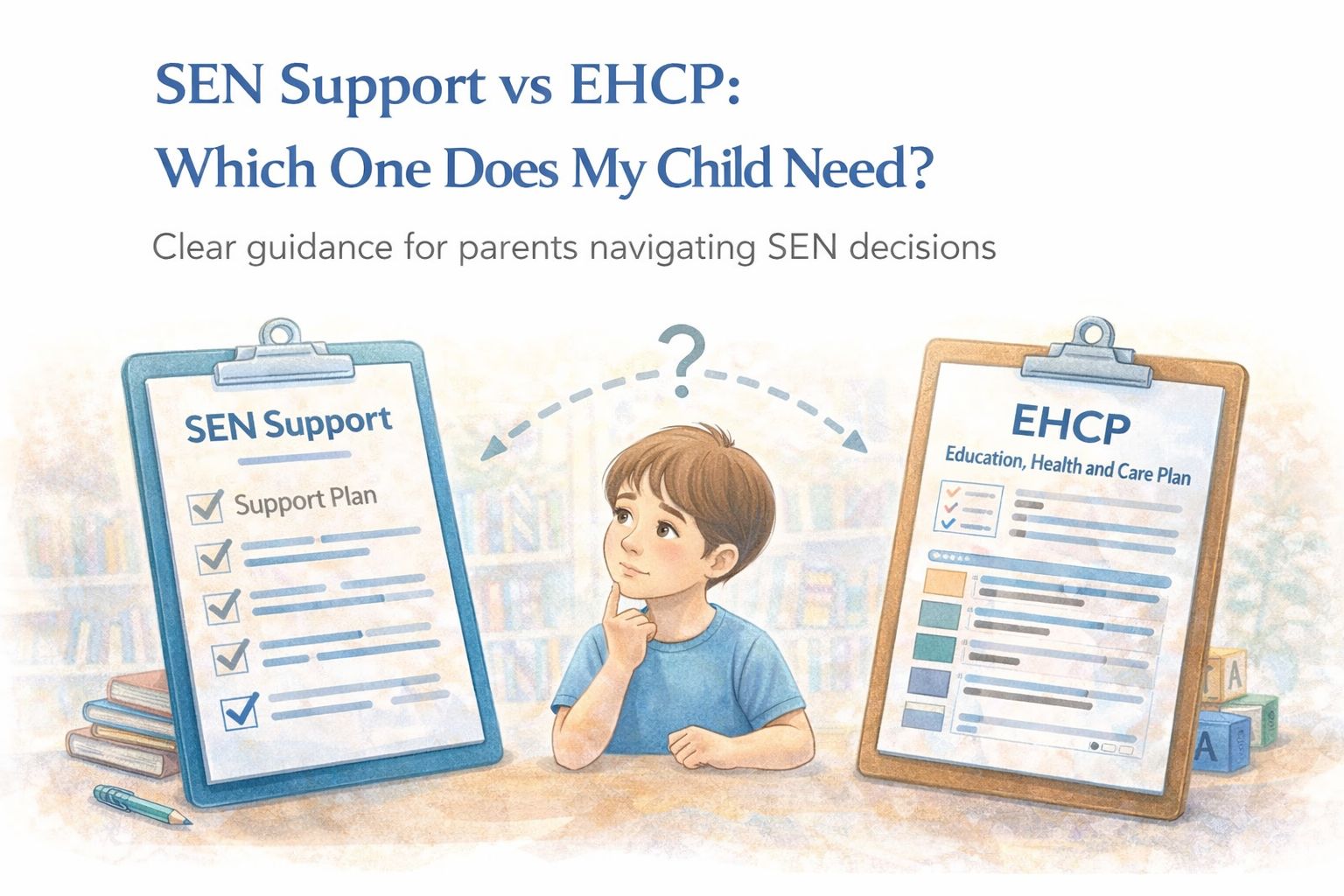 “Illustration of a child sitting between two clipboards, one labeled SEN Support and the other labeled EHCP, looking thoughtful with a question mark above, highlighting the choice between the two types of support.”