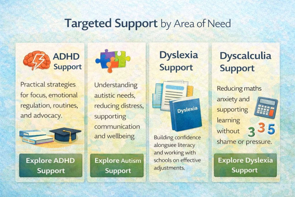 Landscape illustration showing targeted SEN support options for ADHD, autism, dyslexia and dyscalculia, represented with icons and resources that highlight practical strategies and learning support.
