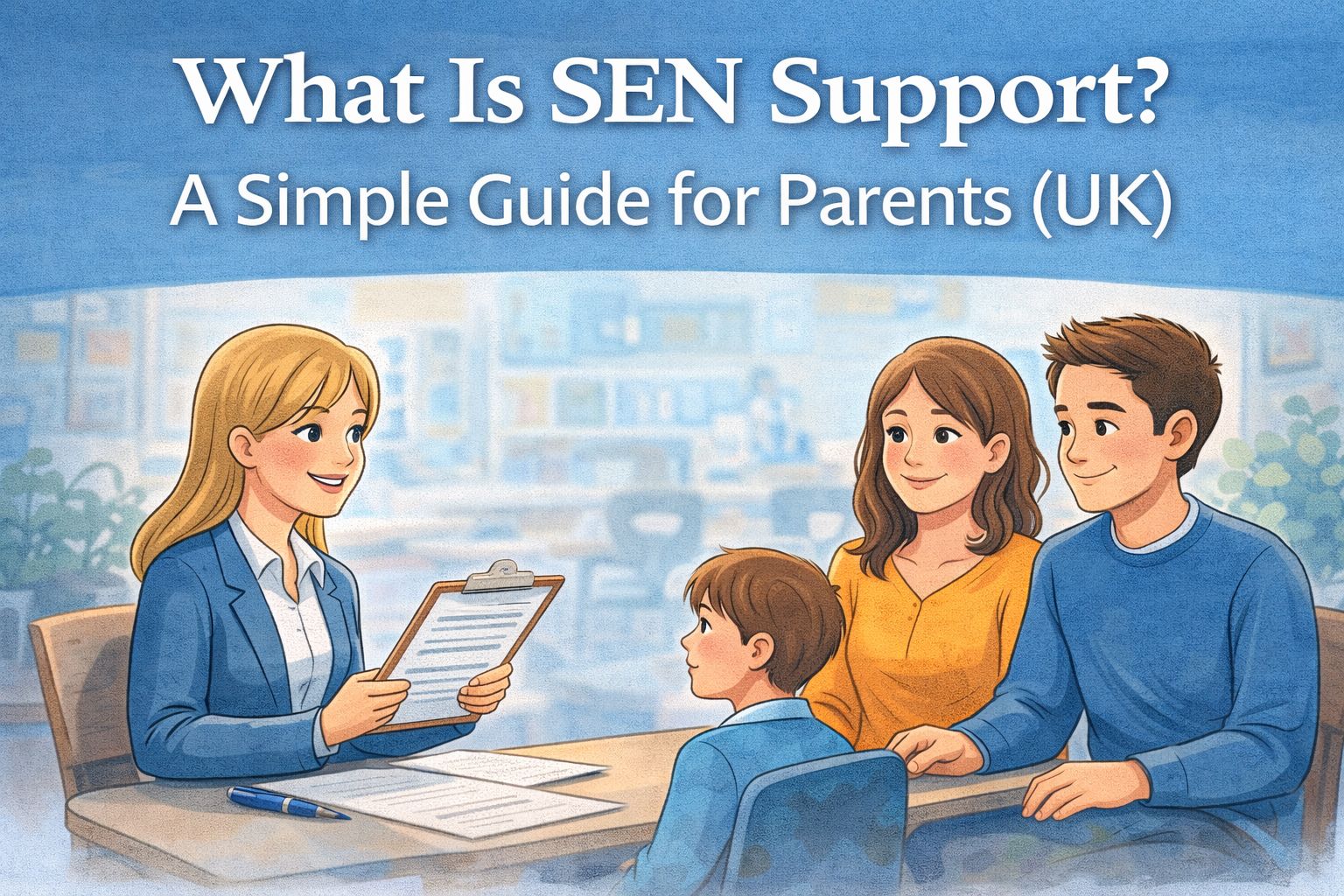 Teacher meeting with parents and child to discuss SEN support in UK schools