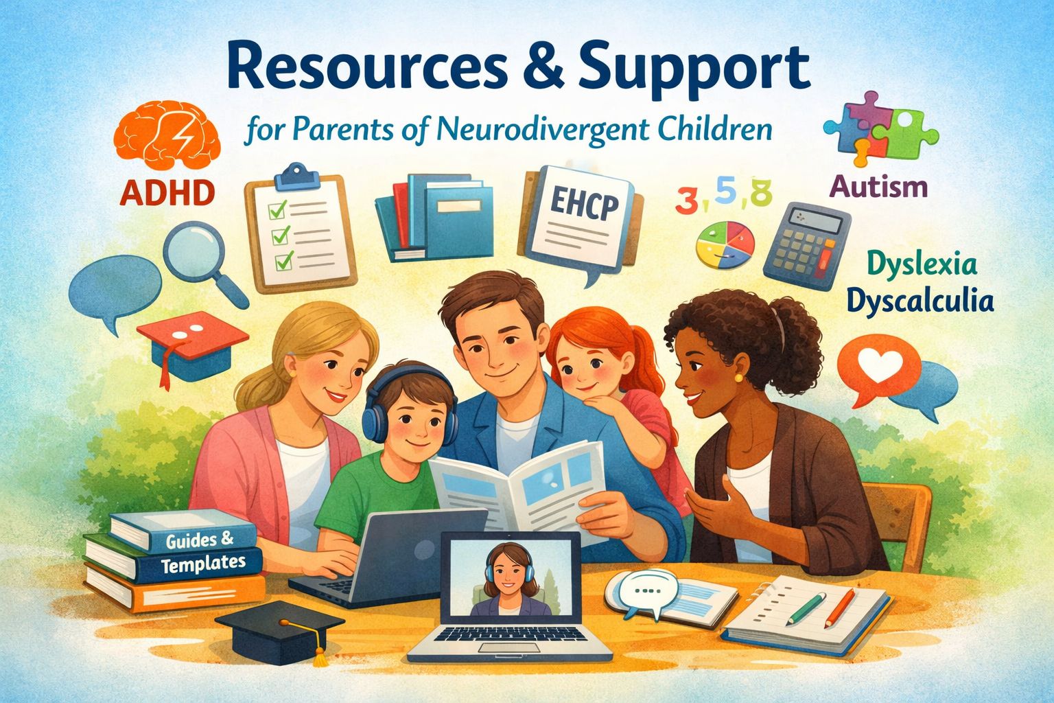 Illustration of parents and children exploring SEN resources together, surrounded by icons representing ADHD, autism, dyslexia, dyscalculia, EHCP support, guides, templates and one-to-one parent support.