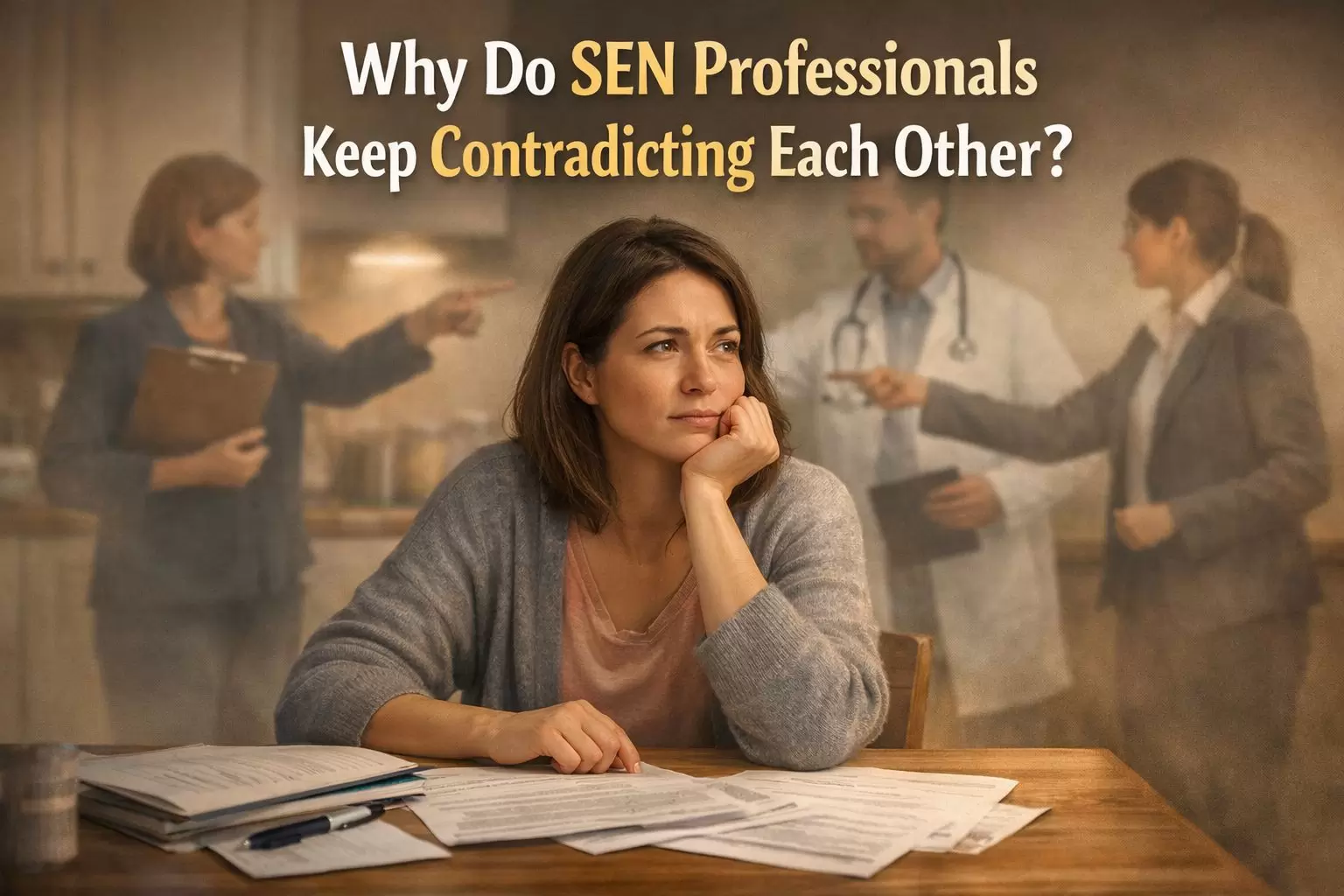 A parent sits at a kitchen table looking thoughtful and overwhelmed, with paperwork in front of them, while blurred figures of a teacher, doctor, and school professional point in different directions in the background, representing conflicting SEN advice.
