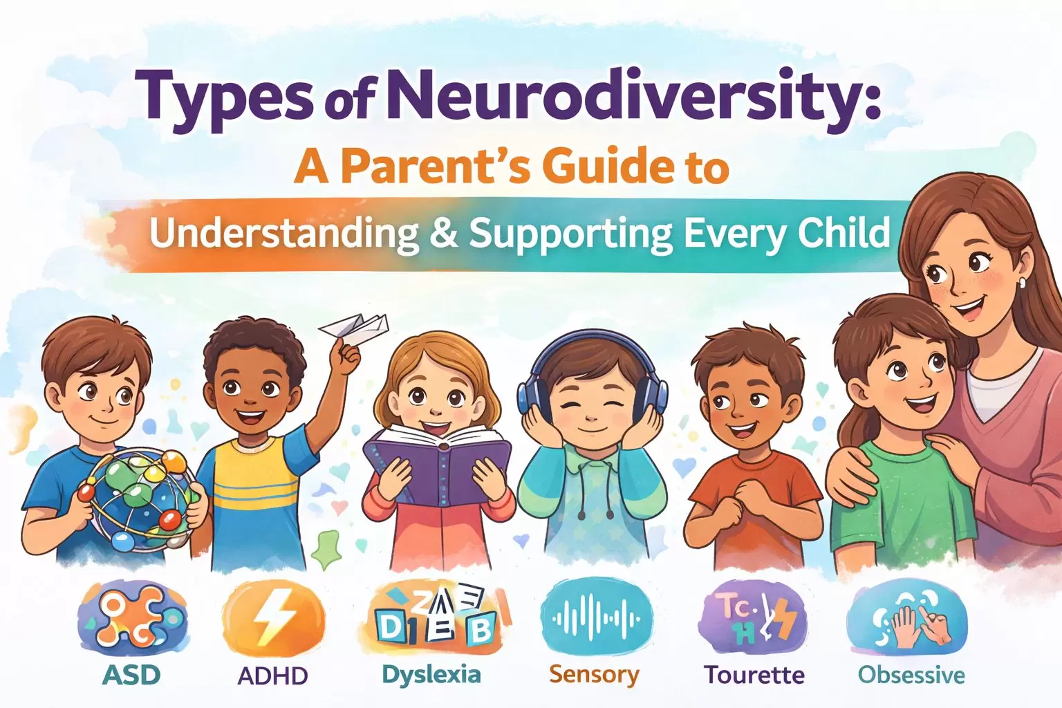 TIllustration showing diverse children and a parent representing different types of neurodiversity, including autism, ADHD, dyslexia, sensory processing differences, Tourette syndrome, and obsessive-compulsive patterns, for a parent guide on understanding and supporting neurodivergent children.