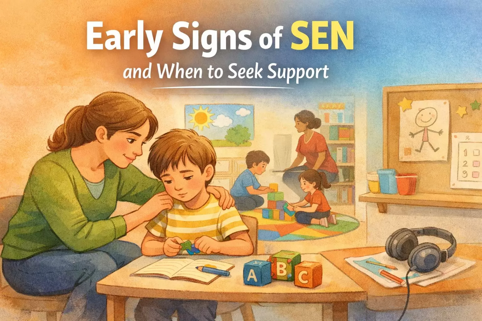 Parent gently supporting a young child while noticing early signs of SEN in a calm, inclusive UK family setting