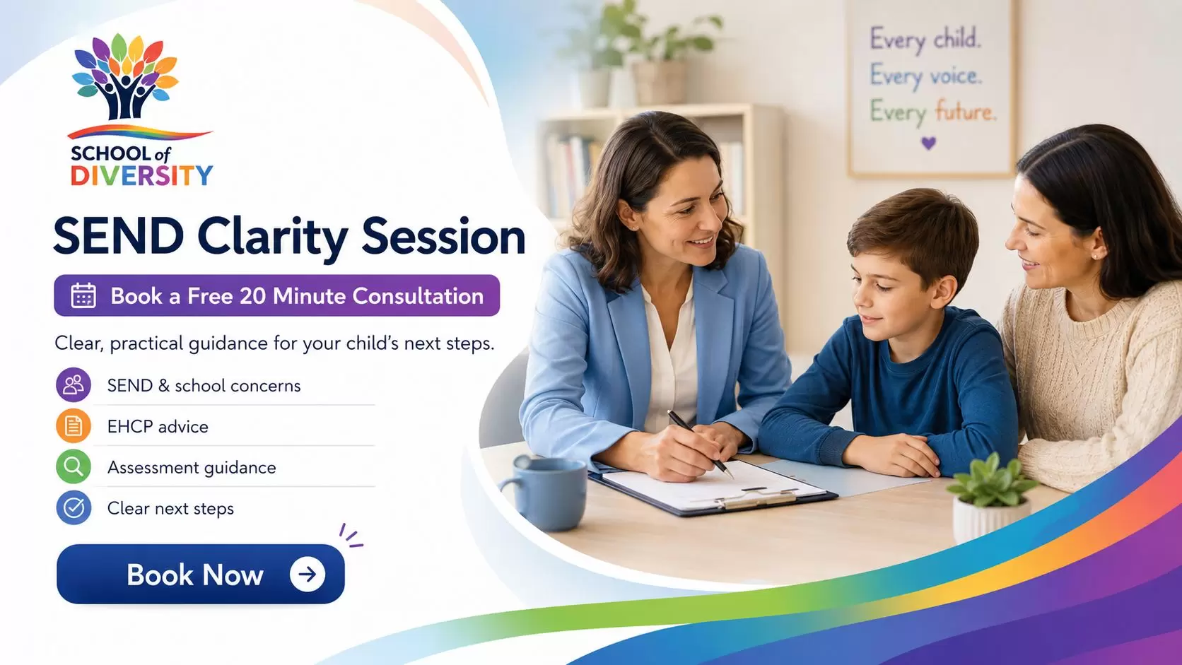 Parent and child speaking with a SEND consultant during a School of Diversity SEND Clarity Session.
