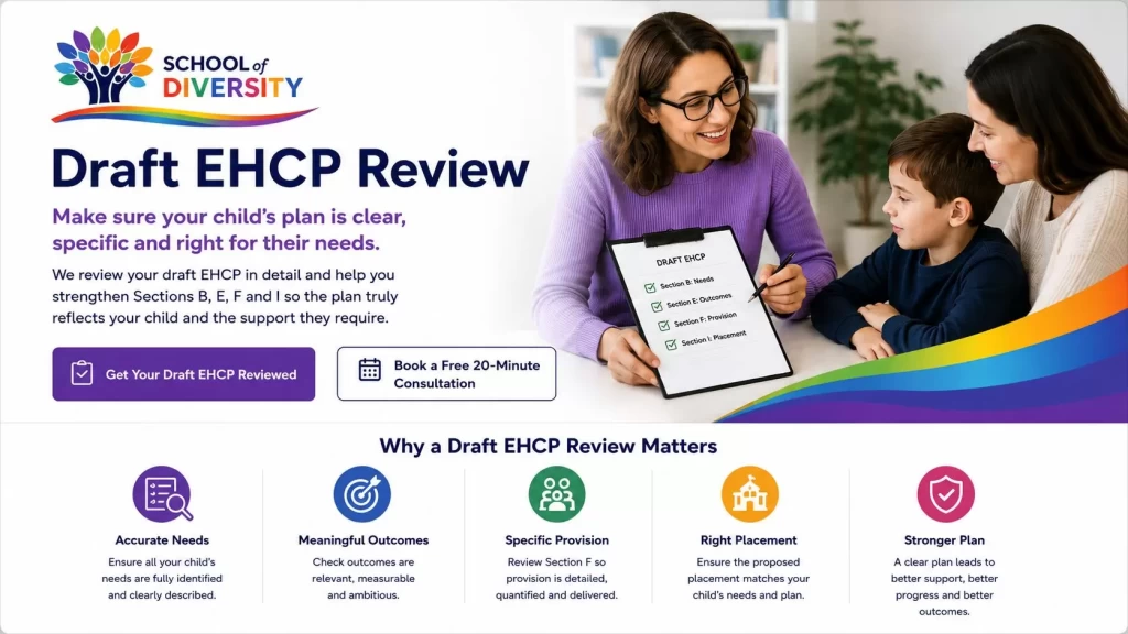Parent and child reviewing a draft EHCP with a SEND specialist from School of Diversity.